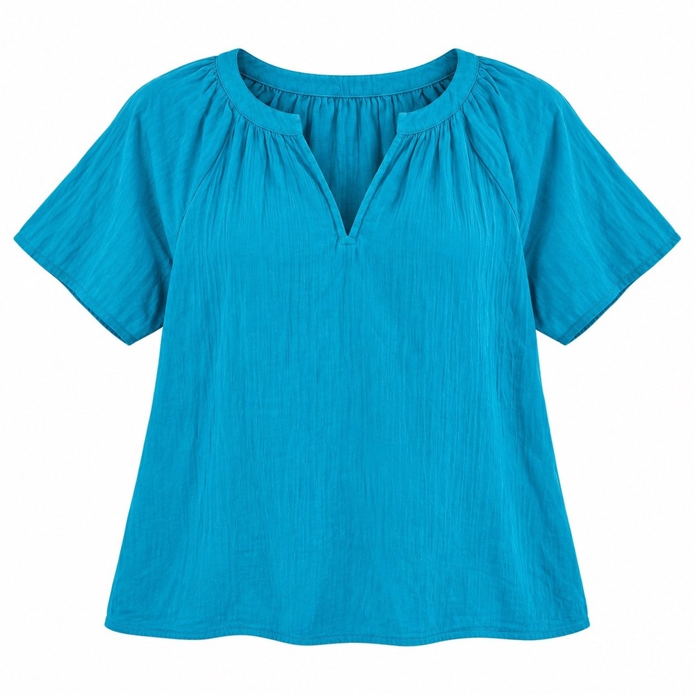 Ann Taylor Factory Women Turquoise Blue Gauze Split Neck Blouse Top Size L‎